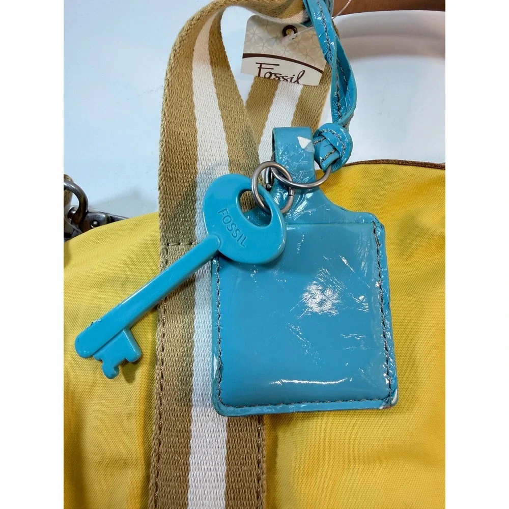 Fossil Key Per Duffle Satchel Yellow Nylon Leather Trim Crossbody Bag